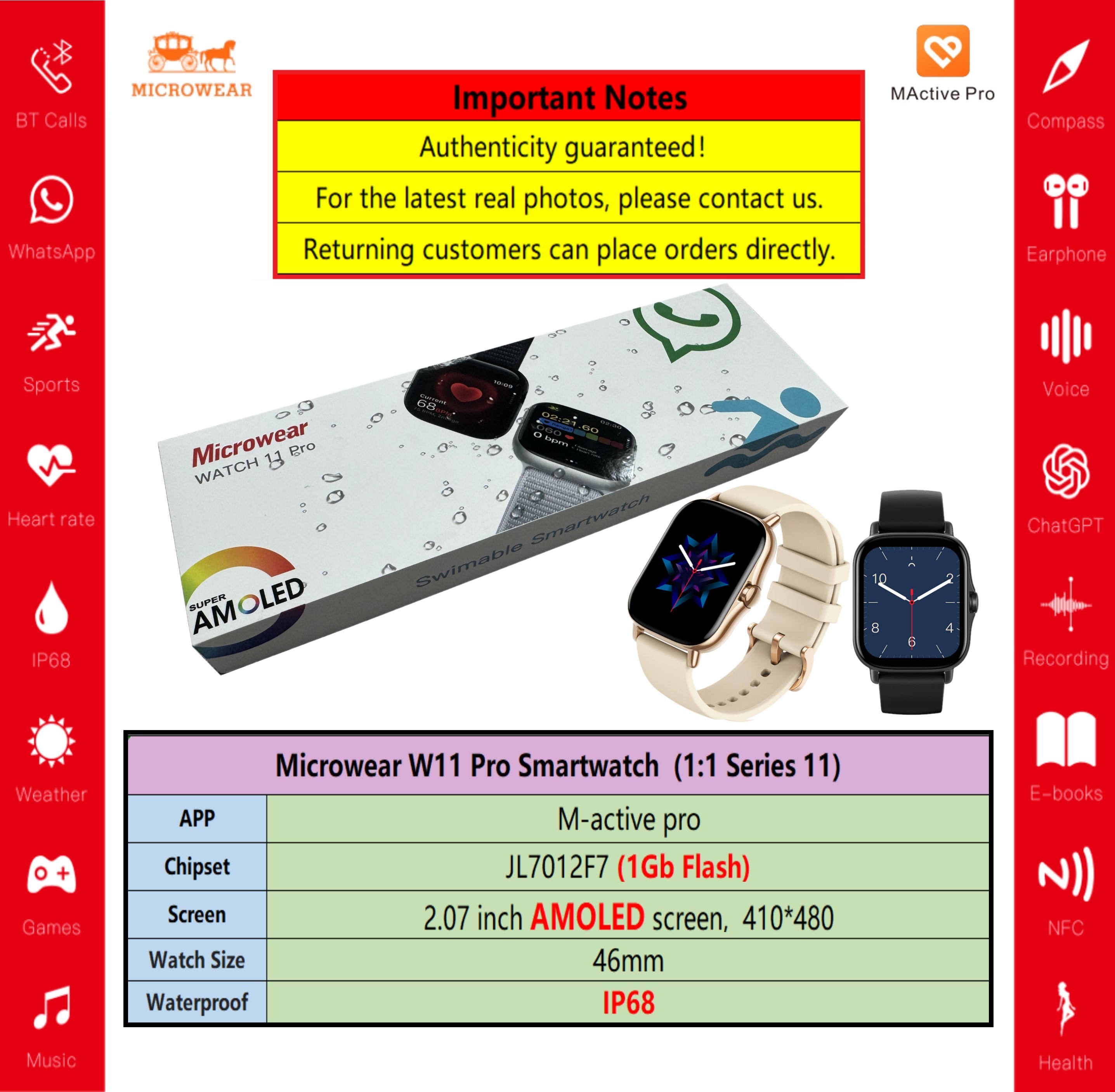 Smartwatch M Active - 방수 W11P 스마트워치 Reloj 인텔리전트 W11pro
