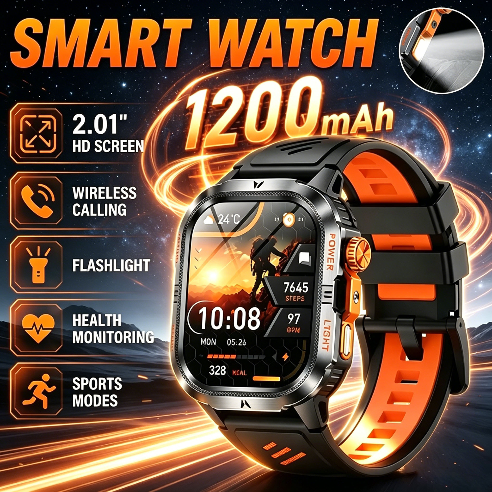 Smartwatch M Active - 2026년형 러기드 밀리터리 스마트워치 남성용 1200mAh
