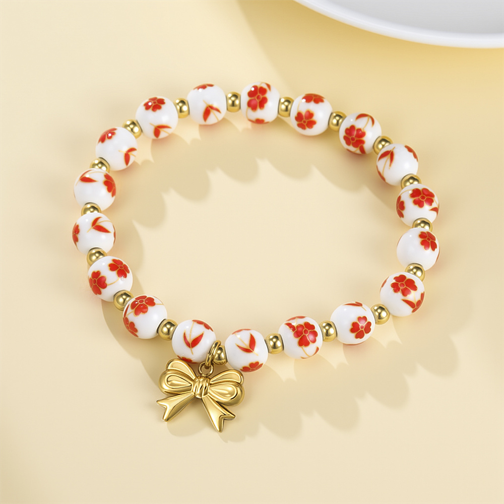 Ceramic Link Bracelet - 여성용 화려한 세라믹 비즈 팔찌, 리본