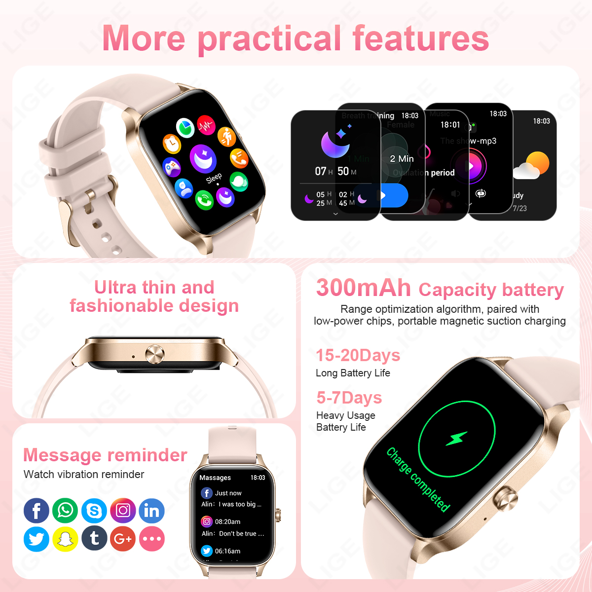 LIGE 패션 스마트 워치 여성용 커스텀 워치 페이스, - Smartwatch Instagram 리뷰 및 가격